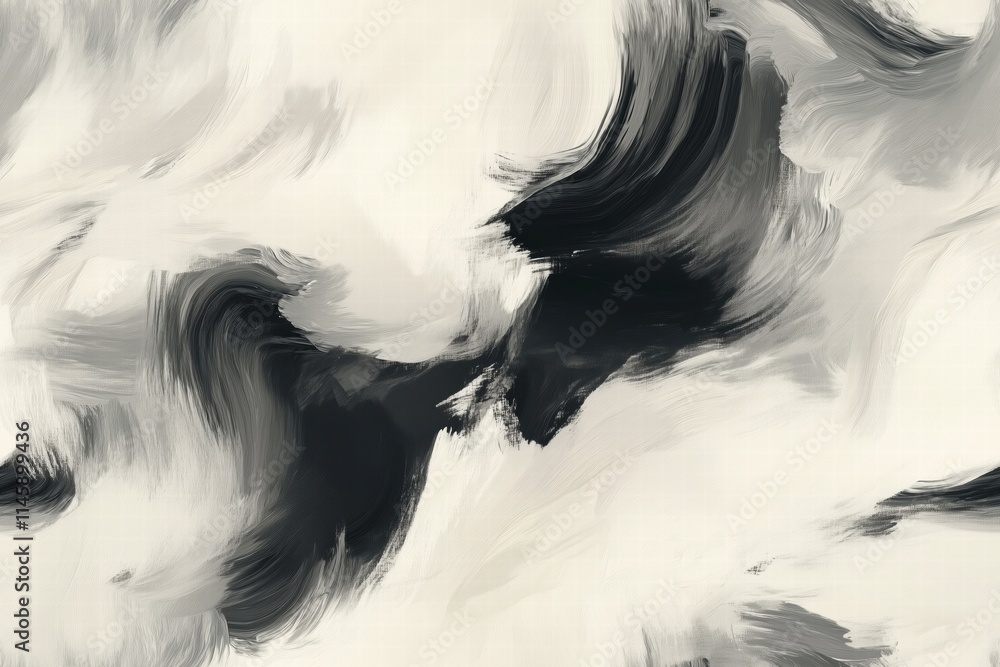 Poster seamless abstract painting featuring swirling black and white brush strokes, creating a dynamic and 