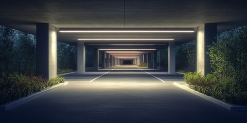 Nighttime access to underground parking illuminated from the outside, showcasing the convenience and safety of underground parking with effective lighting for clear visibility and easy entry.