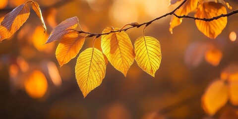 Obraz premium Closeup of golden autumn colors illuminated by soft sunset light, showcasing bokeh effects and ample copyspace. Zoom in on leaves on a branch, highlighting details, textures, and nature s leafy