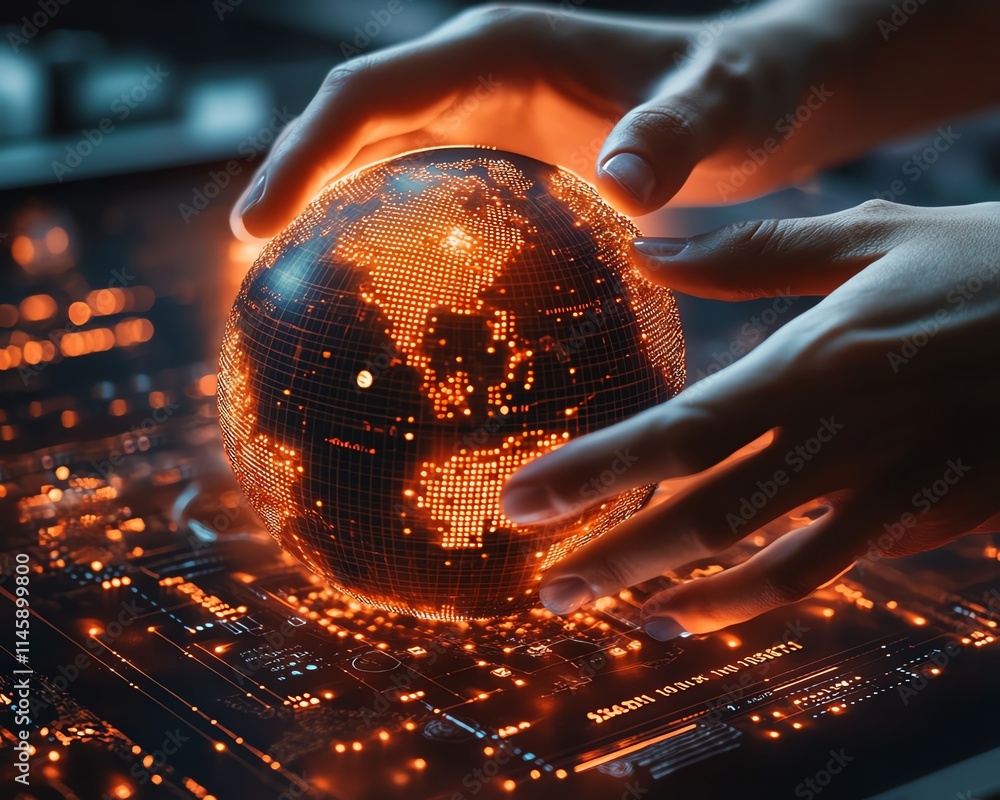 Aufkleber closeup of hands controlling a glowing orange digital globe over a sleek futuristic interface, symbo