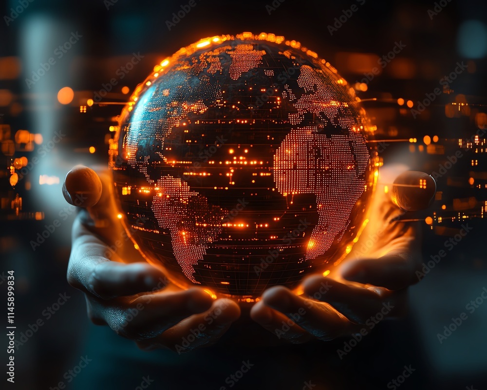 Poster closeup of hands controlling a glowing orange digital globe over a sleek futuristic interface, symbo