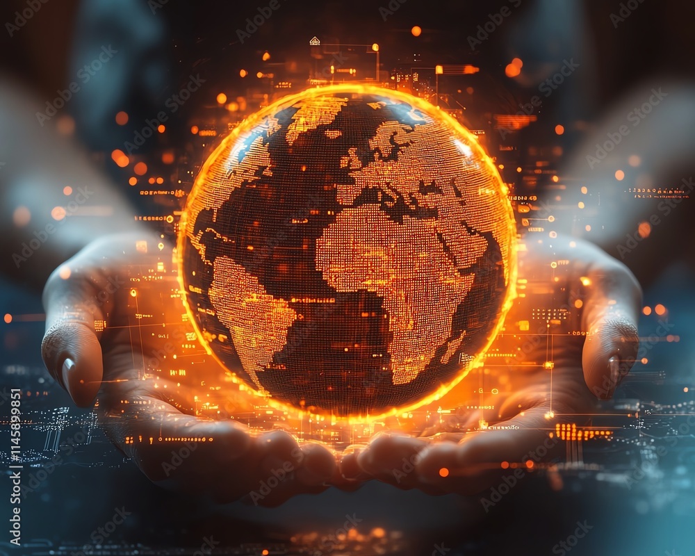 Poster closeup of hands controlling a glowing orange digital globe over a sleek futuristic interface, symbo