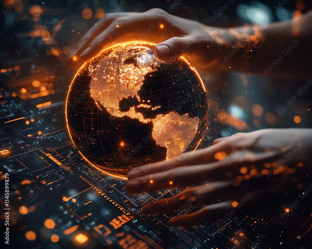 Poster closeup of hands controlling a glowing orange digital globe over a sleek futuristic interface, symbo