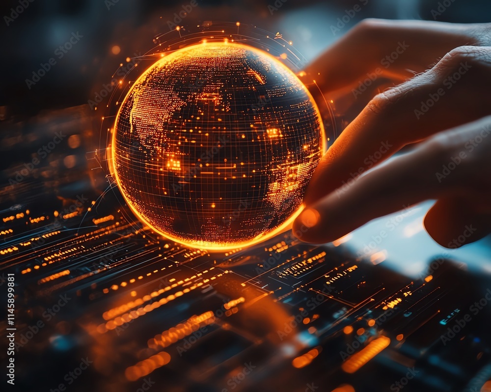Poster closeup of hands controlling a glowing orange digital globe over a sleek futuristic interface, symbo