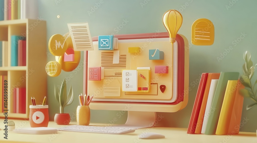 Poster office desk with computer, files, and icons floating.