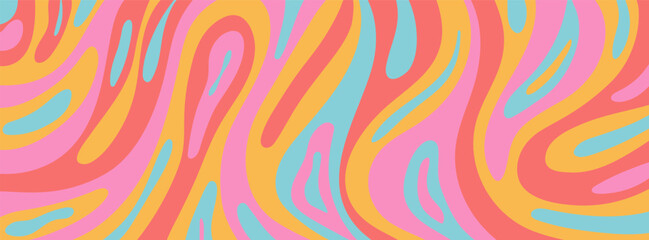 Vector abstract groovy horizontal illustration. Colorful liquid shapes background in doodle style. Retro funky design template for banner, poster, card, invitation