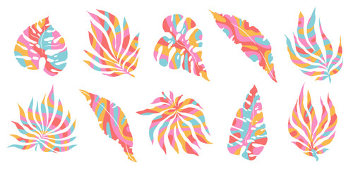 Vector illustration set of groovy icons with abstract monstera and palm leaves isolated on white background. Modern funky design tropical plant elements for sticker print, card