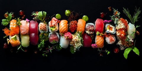 Fototapeta premium Sushi displayed creatively on a black background, highlighting the vibrant colors and textures of the sushi, making it an enticing visual for sushi lovers and culinary enthusiasts.
