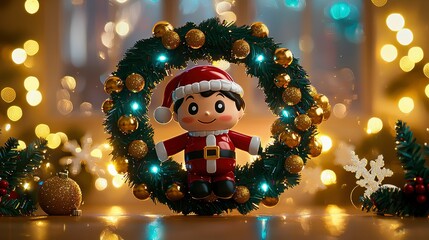 Obraz premium Adorable Cartoon Santa Claus Figurine in Christmas Wreath with Festive Bokeh Lights