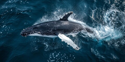 Naklejka premium Defocused humpback whale displaying its fin and creating splashes while being observed from a boat during an exciting tour featuring humpback whale encounters.