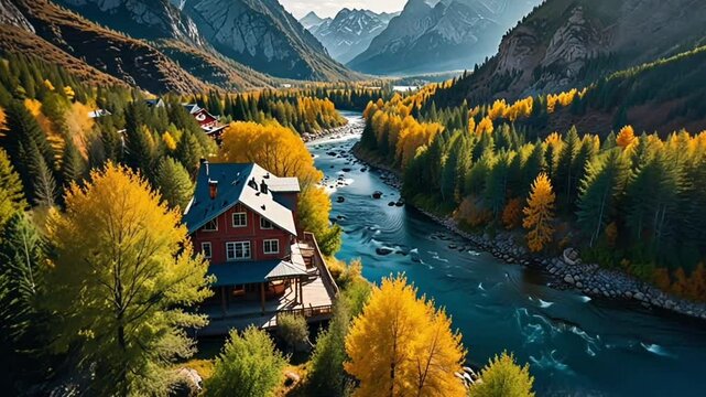 a house by the river and a beautiful mountain backdrop