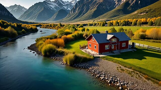 a house by the river and a beautiful mountain backdrop
