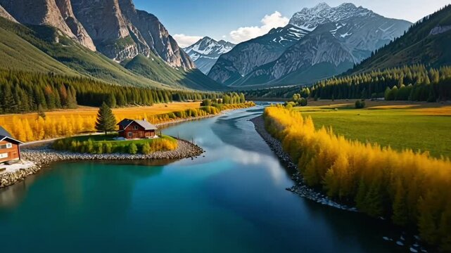 a house by the river and a beautiful mountain backdrop