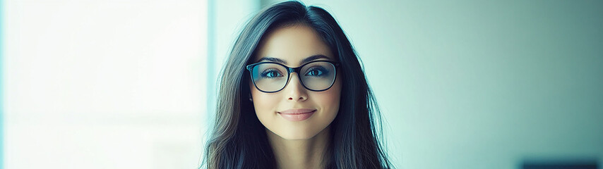 Fototapeta premium Editorial eye-level shot of an elegant woman with glasses