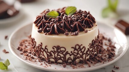 A delectable chocolate dessert topped with intricate frosting and garnished with mint leaves, sitting on a decorative plate.