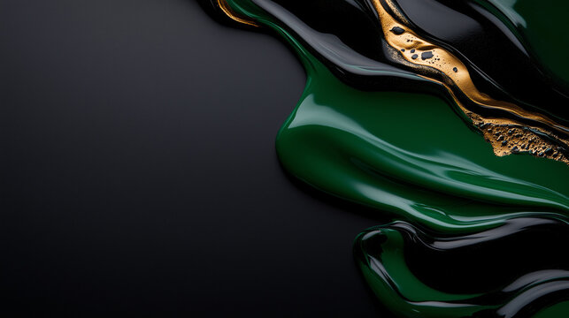  abstract liquid green and black background with gold paint waves, marble