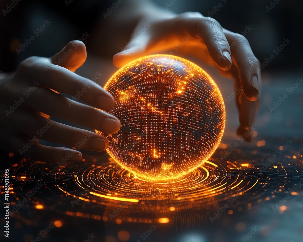 Aufkleber futuristic hands engaging with a glowing orange digital globe on a hightech interface, representing 
