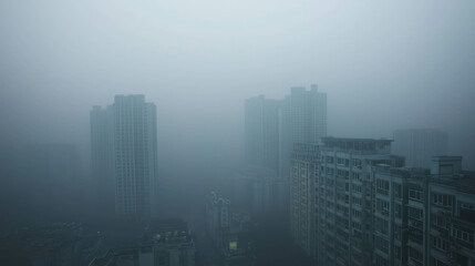 Dense Smog Blankets City Skyline, Obscuring Buildings and Creating Eerie Atmosphere