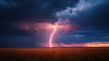 A dramatic landscape featuring a lightning strike illuminating dark storm clouds over a vast field at sunset.