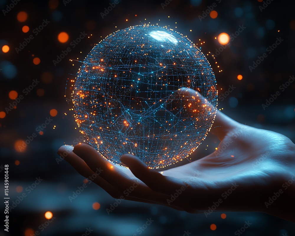 Poster hand gently supporting a glowing digital network sphere, representing global communication and data 