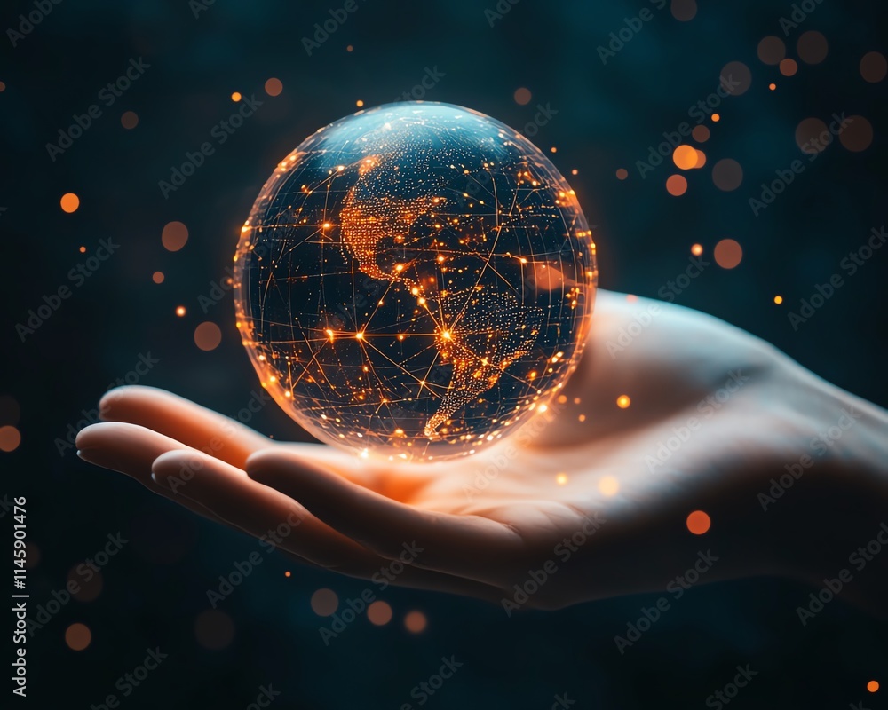 Poster hand gently supporting a glowing digital network sphere, representing global communication and data 
