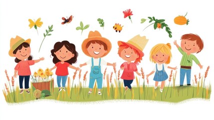 Happy Children Playing in a Summer Field of Flowers