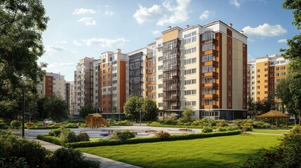 Obraz premium Modern Apartment Complex with Lush Green Landscaping