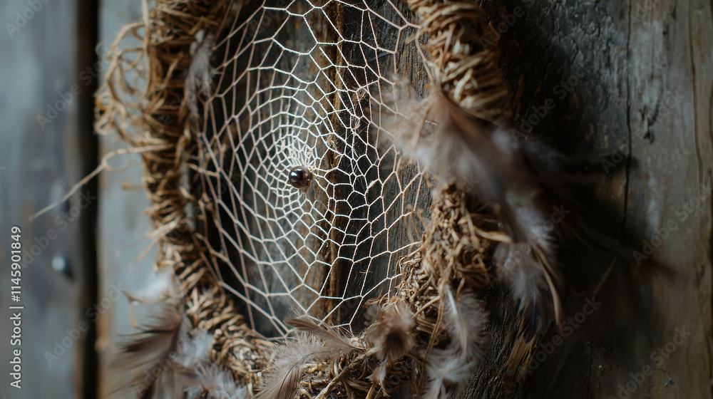 Poster handcrafted dreamcatcher displaying intricate web design and feathers