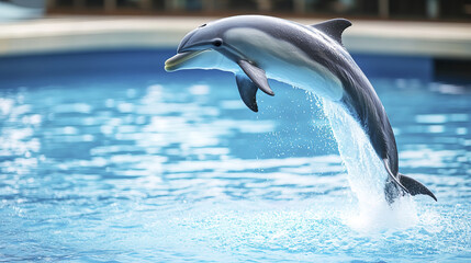 Obraz premium Jumping dolphin splashing water in blue pool, showcasing agility and grace