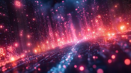 Fototapeta premium A data network with internet symbols and emojis in an abstract design represents cloud computing, connection, neon signals, and a digital technology glow for information systems.