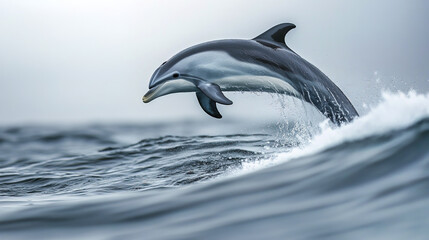 Fototapeta premium Dolphin jumping over ocean waves, showcasing agility and grace