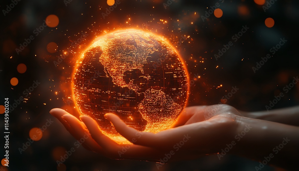 Poster hands interacting with a glowing orange digital globe over a futuristic interface, symbolizing globa