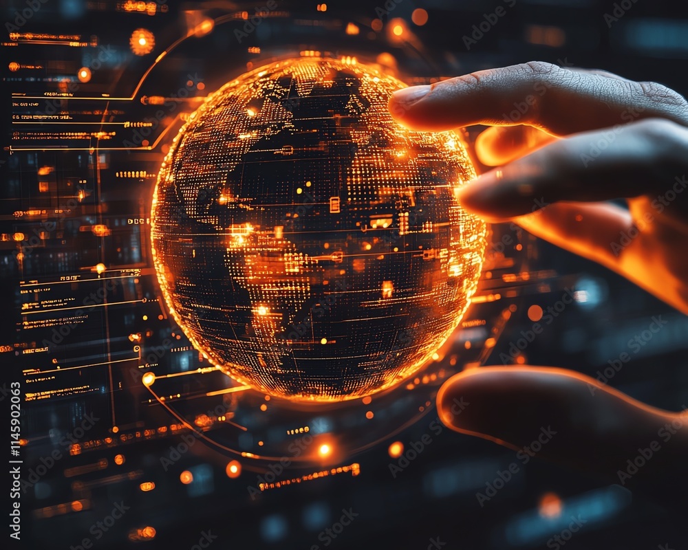 Poster hands interacting with a glowing orange digital globe over a futuristic interface, symbolizing globa