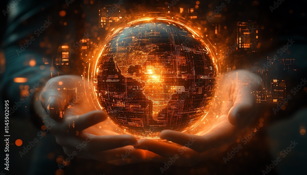 Poster hands interacting with a glowing orange digital globe over a futuristic interface, symbolizing globa