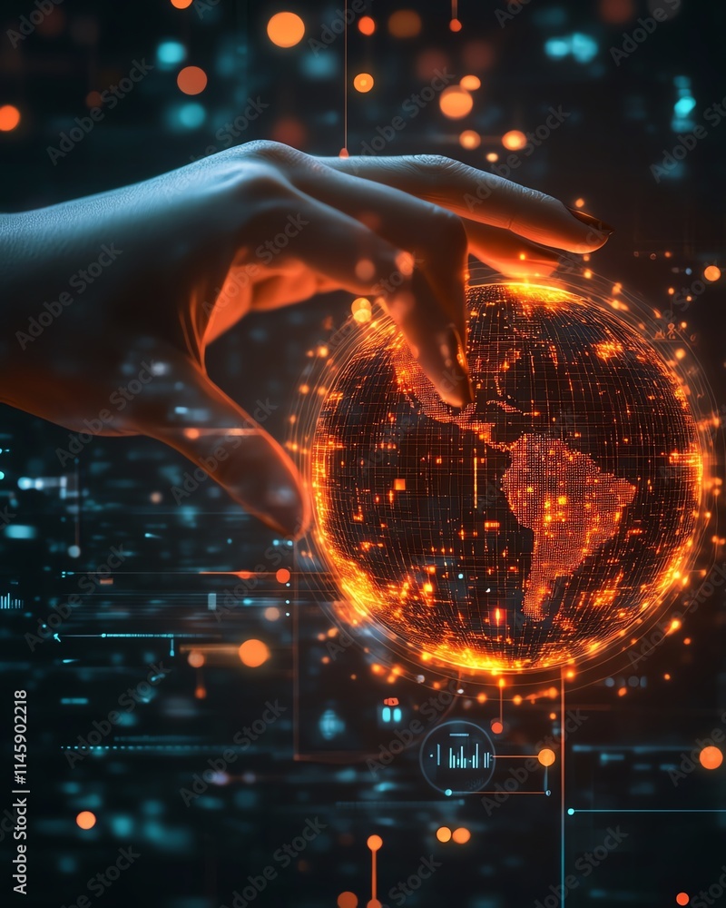 Poster hands interacting with a glowing orange digital globe over a futuristic interface, symbolizing globa