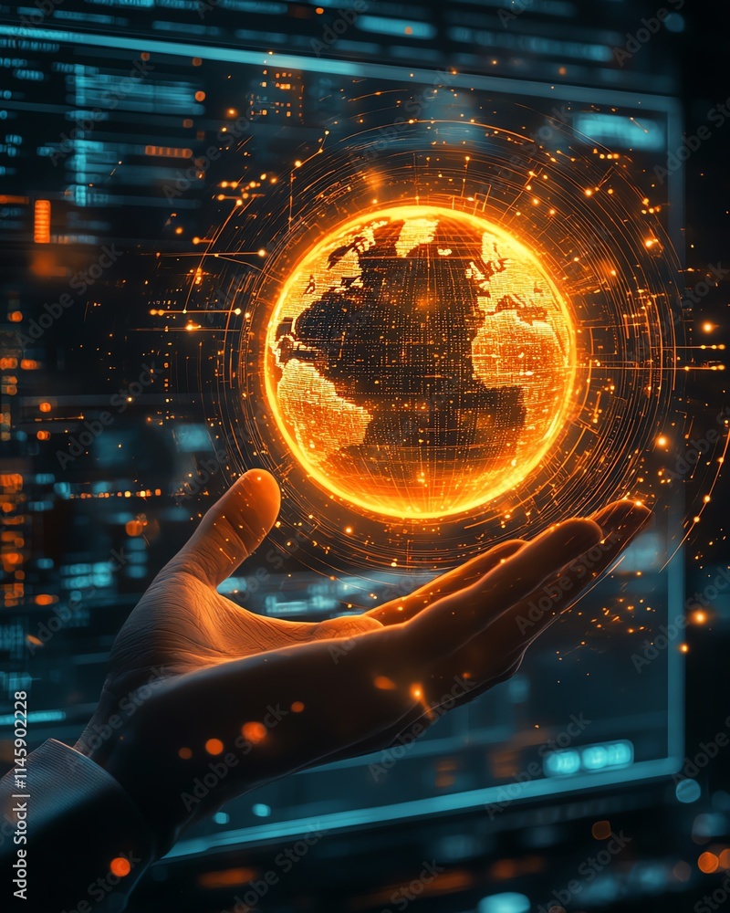 Poster hands interacting with a glowing orange digital globe over a futuristic interface, symbolizing globa