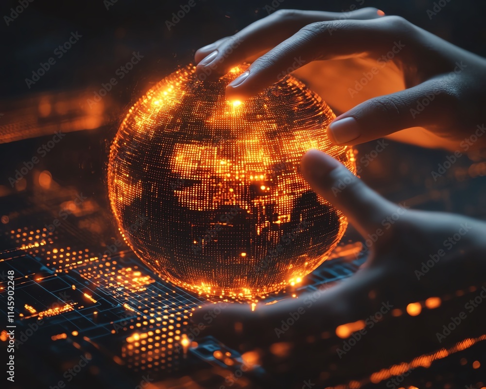 Poster hands interacting with a glowing orange digital globe over a futuristic interface, symbolizing globa