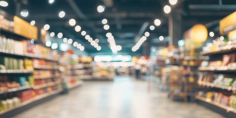 Blurred background of a supermarket showcasing a vibrant and busy shopping environment, perfect for illustrating themes related to supermarkets and retail experiences.