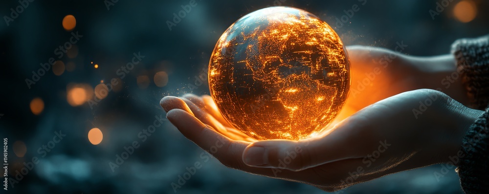 Aufkleber hands manipulating a glowing orange digital globe in a futuristic interface, representing the power 