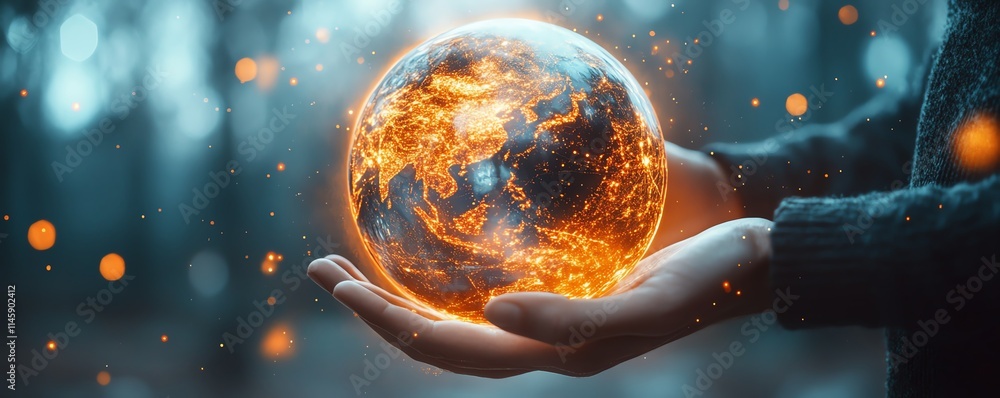 Poster hands manipulating a glowing orange digital globe in a futuristic interface, representing the power 