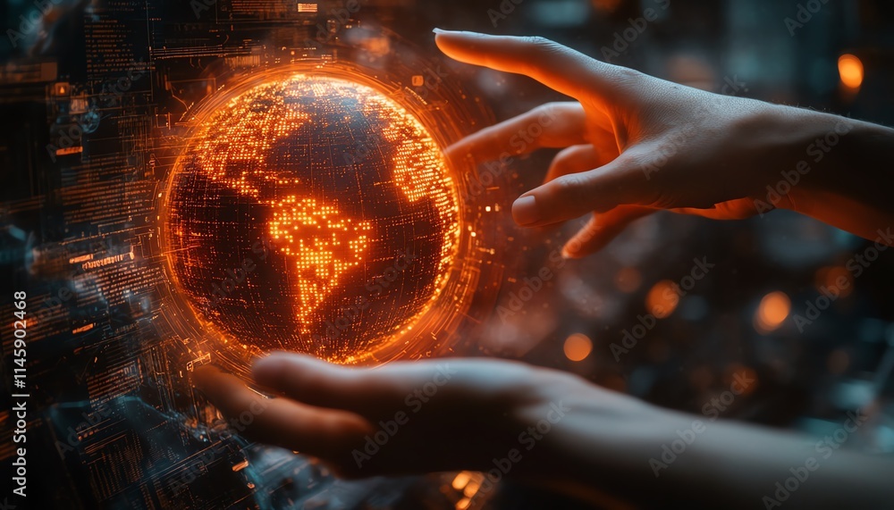 Poster hands reaching for a glowing orange digital globe within a futuristic interface, representing global