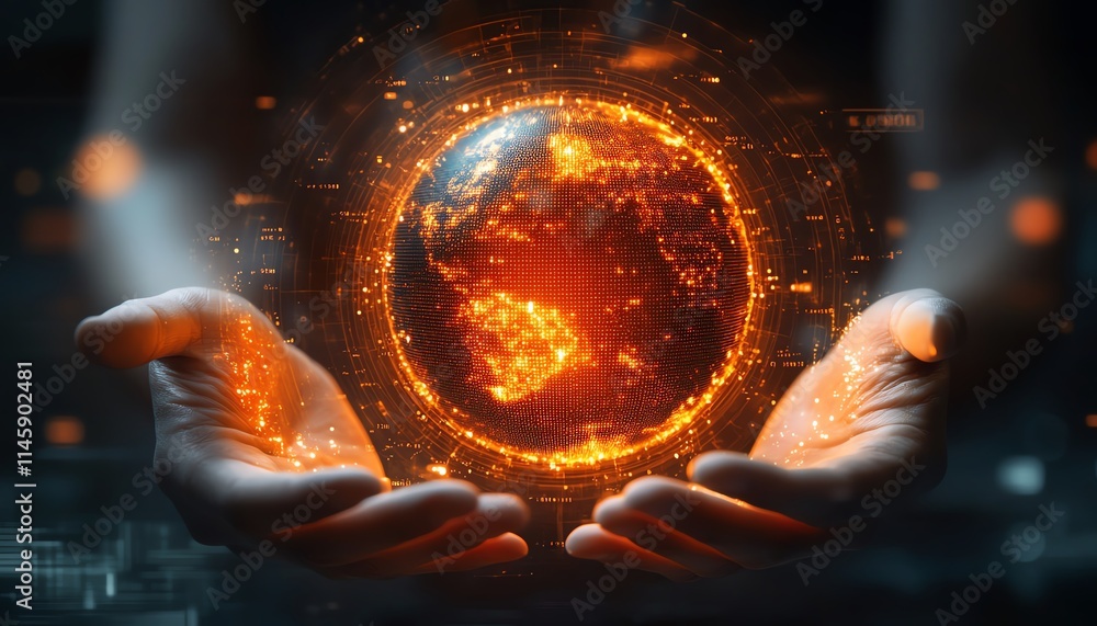 Poster hands reaching for a glowing orange digital globe within a futuristic interface, representing global