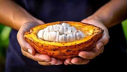 Hands hold a split open cacao pod revealing the white pulp and beans inside.