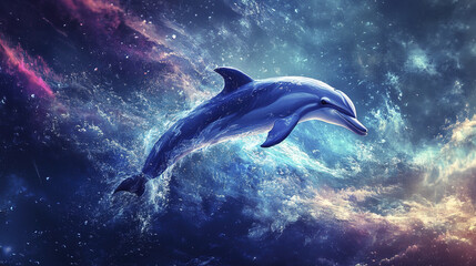 Fototapeta premium Dolphin swimming gracefully in cosmic ocean background, showcasing beauty