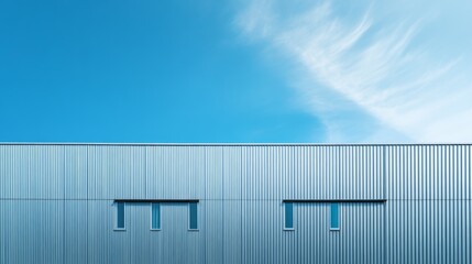 Factory industry, Architecture Building with Aluminium Facade on Blue Sky Background, Backdrop Wall Metal Corrugated Steel Surface Pattern, Warehouse Construction in Geometric Modern Design