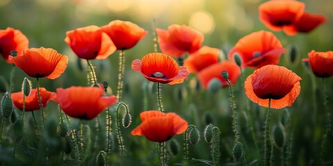 Vibrant field of red poppies beautifully contrasts against a lush green background, showcasing the stunning natural scenery of red poppies in full bloom, perfect for nature lovers.