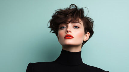 portrait of woman with short hair in a black turtleneck and red lipstick, again a light blue background
