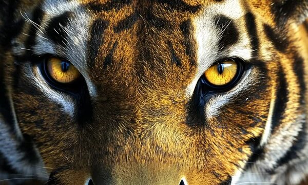 Close-up of a tiger's intense gaze, showcasing its striking eyes and detailed fur pattern.