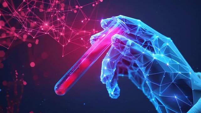 video of Abstract polygonal illustration of scientist chemist holds test tube, black background