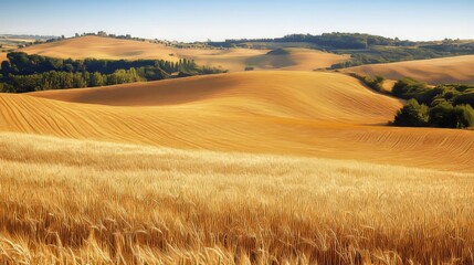 Fototapeta premium Vast expanses of golden wheat fields stand ready for harvest, showcasing the beauty of golden wheat fields in their prime, embodying the promise of a bountiful harvest.